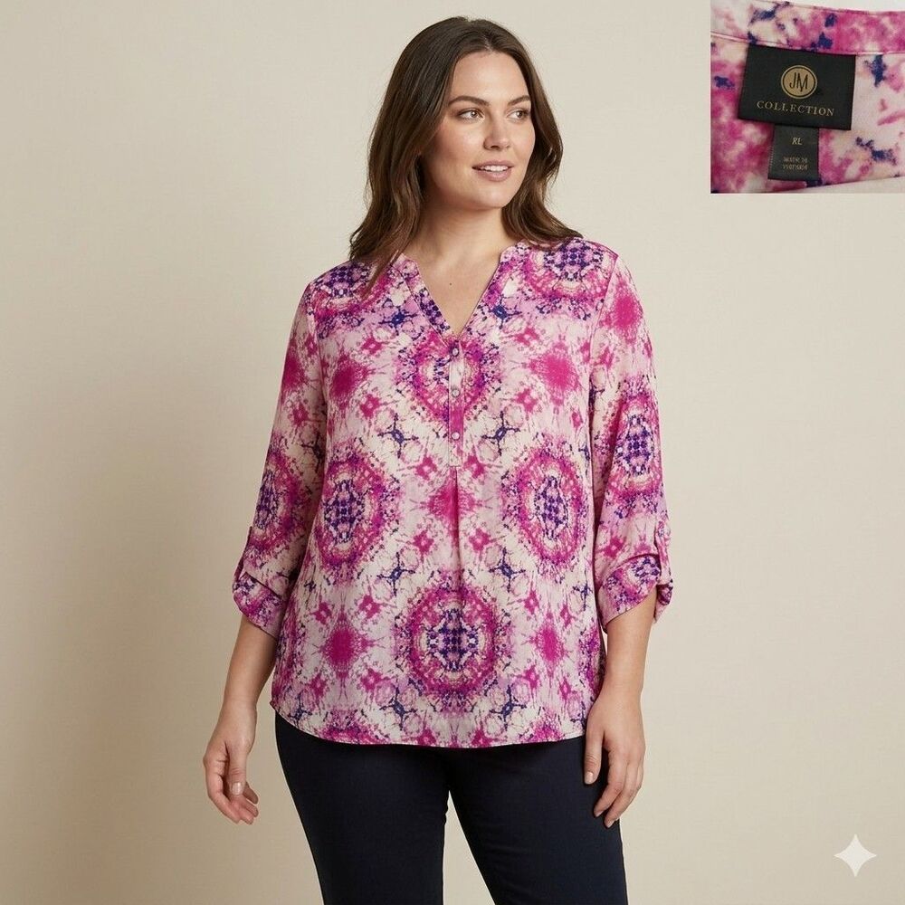 JM Collection Kaleidoscope Medallion Blouse Pink Purple Roll-Tab Sleeve Size XL